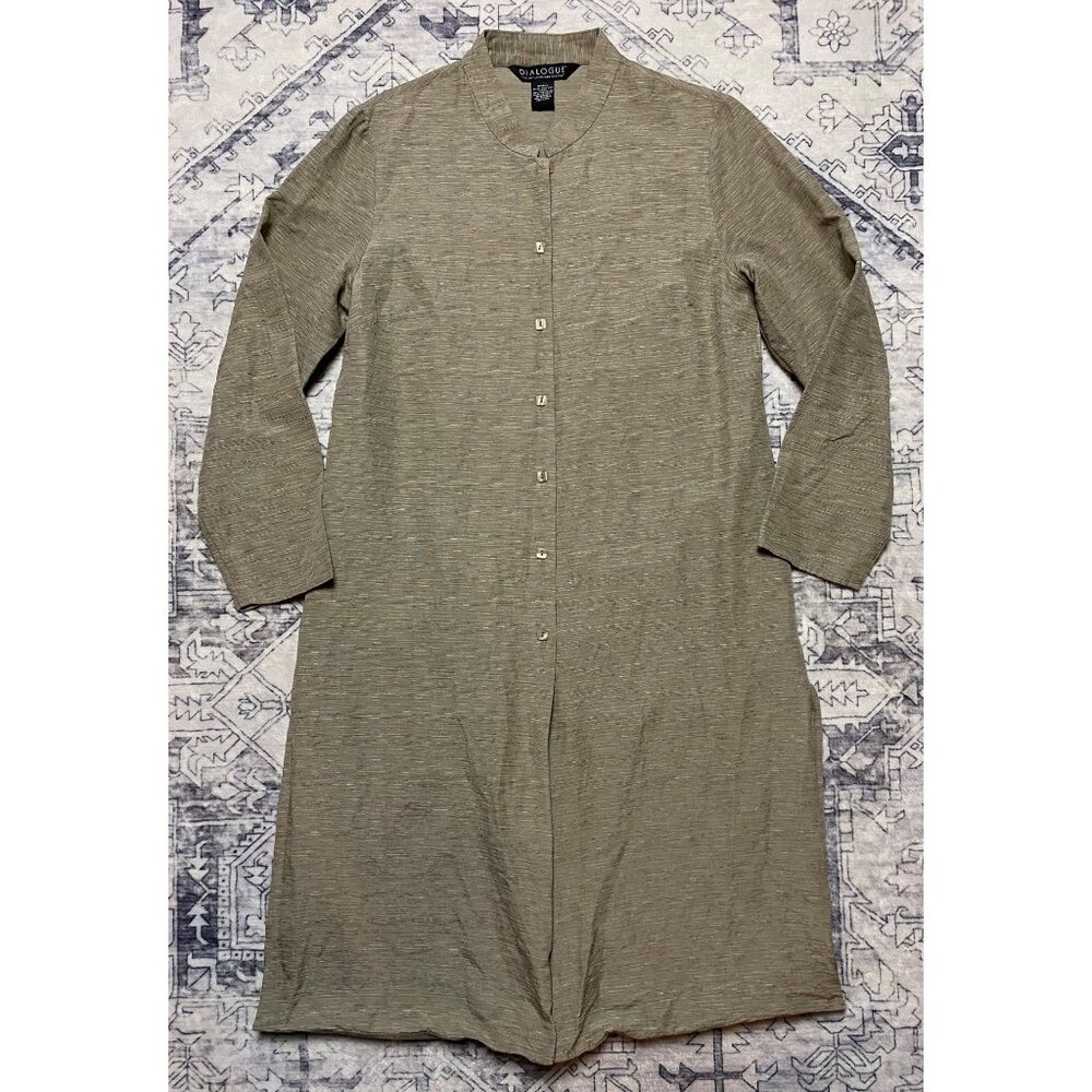Dialogue Womens Size Small Silk Button Up Dress Longline Beige Mandarin Collar
